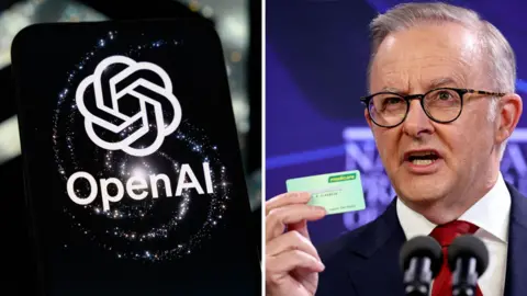 Composite image of an OpenAI logo on a phone and Australian PM holding a medicare card at a press conference