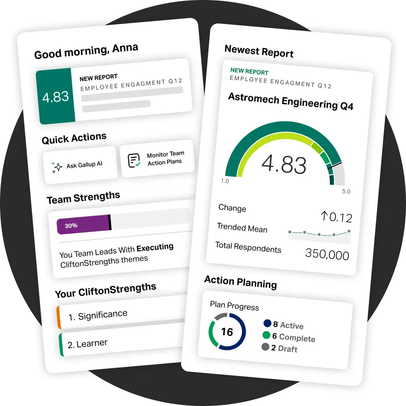 Gallup Access mobile app home screen showing an engagement report and score, the team&rsquo;s top strengths, and action plan progress