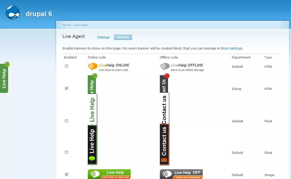 LiveAgent otsevestluse nupu mallid, mis on näidatud Drupaliga