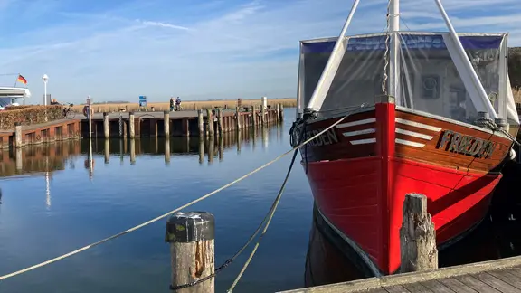 Der Hafen von Zingst auf der Boddenseite mit einem Holzschiff