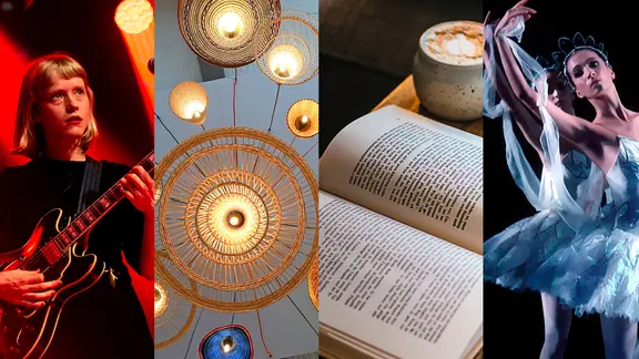 Collage: Frau spielt Gitarre, Lampen, offenes Buch, Tänzerin.