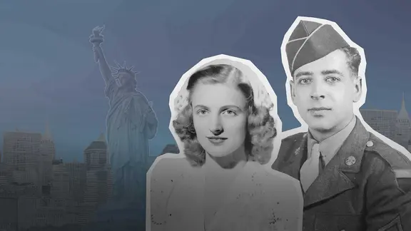 Das Bild zeigt ein Paar aus den 1940er Jahren, eine Frau und einen Soldaten vor der Skyline von New York und der Freiheitsstatue, im nostalgischen Stil.