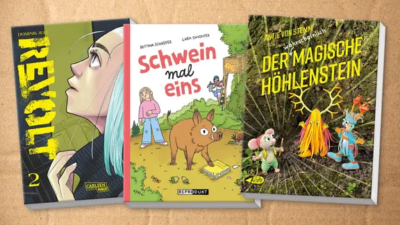 Collage der Cover: "Revolt 2", "Schweinmaleins" und "Der (wahrscheinlich) magische Höllenstein"