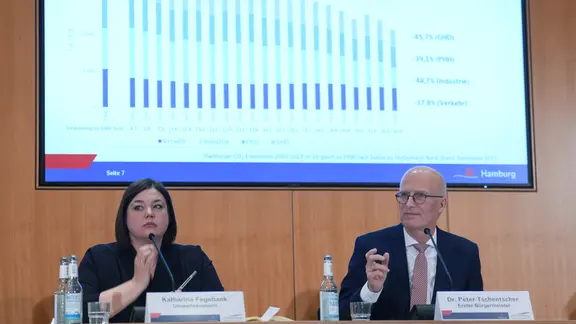 Peter Tschentscher (SPD), Erster Bürgermeister von Hamburg, und Katharina Fegebank (Grüne) sprechen während einer Landespressekonferenz im Rathaus.