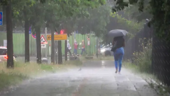 Eine Frau geht in Hannover mit einem Regenschirm durch den Regen.