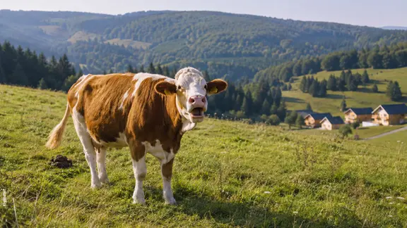 Ein KI-generiertes Bild: Eine Kuh steht auf einer Wiese in den Bergen, im Hintergrund Ferienhäuser.