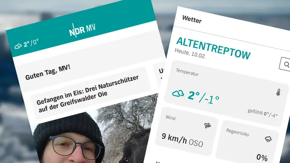 Eine Collage zeigt zwei Screenshots mit Wetterdaten aus der NDR MV App