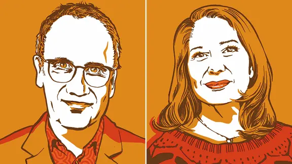 Zwei Personen in einer Illustration von Kat Menschik auf orangenem Hintergrund.