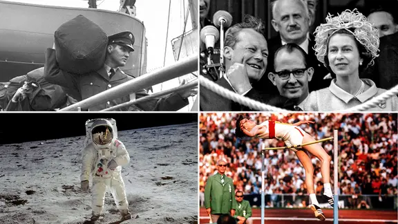 Bildkombo für ARD Sounds "Der Stichtag" mit Elvis Presley 1958 (oben links), Willy Brandt und Königin Elisabeth II. 1965 (oben rechts), US-Astronaut Edwin "Buzz" Aldrin  auf dem Mond 1969 (unten links) und Hochspringerin Ulrike Meyfahrt 1972 (unten rechts)