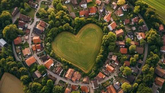 Ein KI-generiertes Bild, dass ein Dorf von oben in Herzform zeigt.