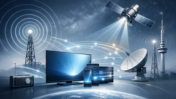 KI-generiert: Fernseher, Radios, Smartphones, Satellit und Sendeantennen