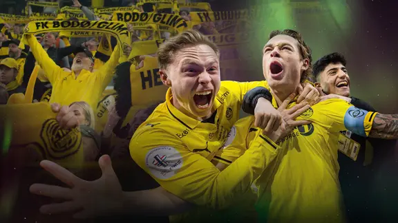 Bildcollage: Spieler und Fans des FK Bodø/Glimt beim Jubeln.