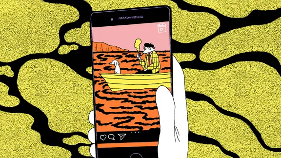 Die Illustration zeigt eine Hand, die ein Smartphone hält. Auf dem Display sieht man ein Ruderboot, in dem ein Mann mit Pfeife und ein Hund sitzen.