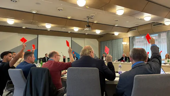 Mehrere Menschen heben in der Heider Ratsversammlung die Hand