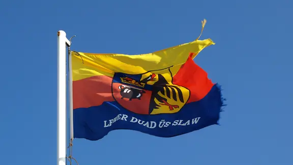 Die friesische Flagge weht an einem Fahnenmast