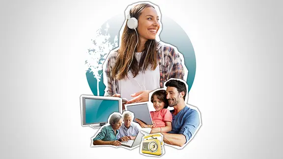 Menschen am Computer, Radio und TV.