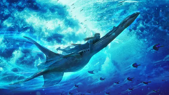 Eine Szene unter Wasser im Planeten Pandora aus Avatar drei "Fire and Ash"