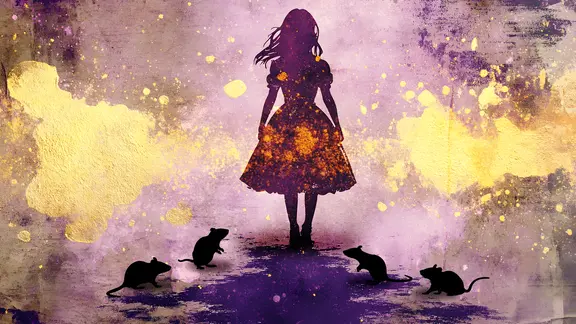 Mystische Silhouette im Lichtschein, umgeben von vier Ratten – eine märchenhafte Szene in leuchtenden Violett- und Goldtönen.