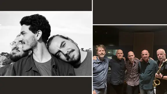 Bilder-Collage: Links das Wajdi Riahi Trio, rechts Hayden Chisholm, Patrick Goraguer, Kalle Kalima, Eric Schaefer, Chris Jennings 