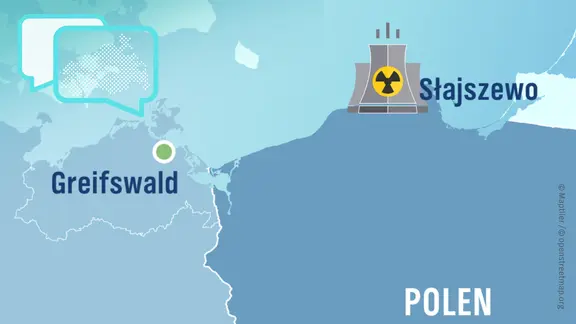Landkarte Deutschland - Polen mit Greifswald und dem AKW Standort Slajszweo