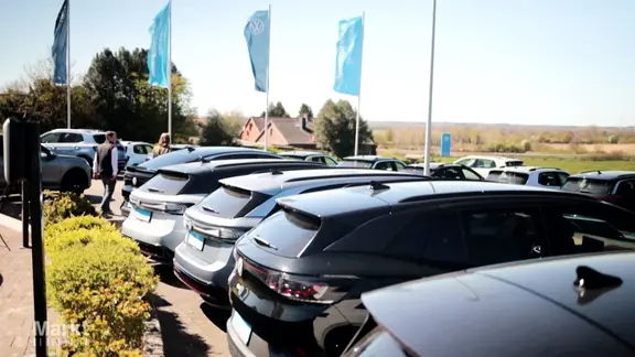 Eine Reihe E-Autos auf einem Parkplatz.