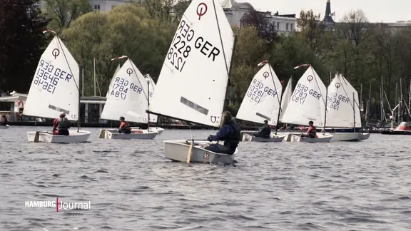 Seglerinnen und Segler in Optimistenjollen auf der Außenalster.