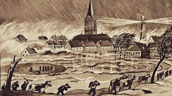 Historisches Dokument mit Szene von der Sturmflut auf Wangerooge an Neujahr 1855