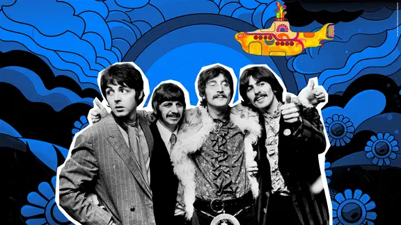 Beatles als schwarzweißes Cut-out vor psychedelischen blauen Wolken, darüber ein gelbes U-Boot.