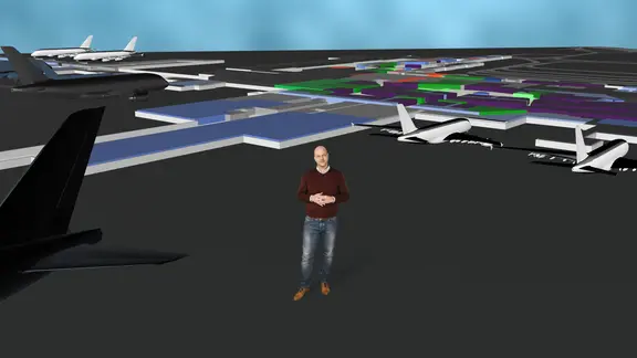 Philipp Abresch auf einem animierten Flugzeugplatz.