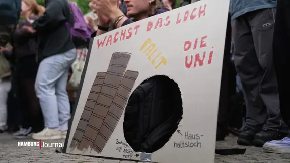 Demo-Schild: Ein Gebäude und ein in die Pappe geschnittenes großes Loch. Darüber: "Wächst das Loch, fällt die Uni".