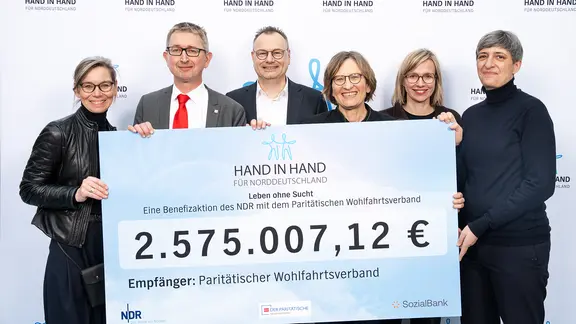 Heidrun Albrecht-Seifert, Dr. Joachim Rock, Hendrik Lünenborg, Gabriele Sauermann, Sofie Donges und Juliane Meinhold (v.l.n.r.) halten einen symbolischen Scheck in ihren Händen.