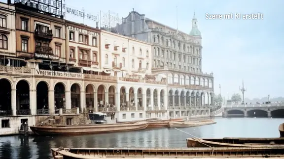 Hamburg: Kleine Alster und Alsterarkaden mit "Vegetarischem Restaurant" im Obergeschoss, 1910er-Jahre (koloriert, Screenshot)