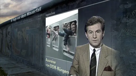 Die Tagesschau vom 4.11.1989 projiziert auf die Berliner Mauer
