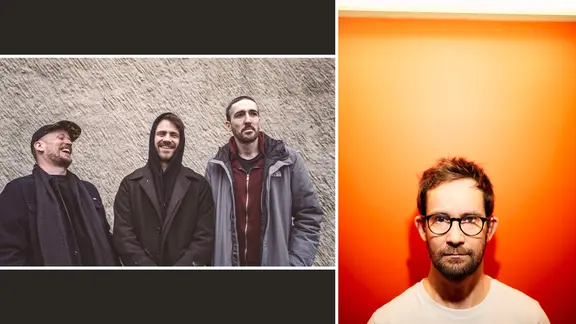 Bilder-Collage: Links die Musiker von "Enemy", rechts der Jazzmusiker Émile Parisien 