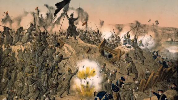 Erstürmung der Düppeler Schanzen durch preußische Truppen am 18. April 1864 (kolorierte Lithografie).