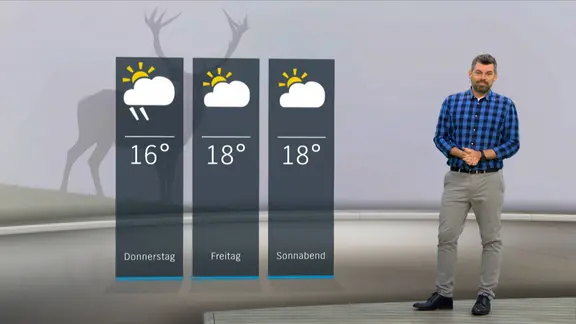 NDR Moderator Sebastian Wache steht im Studio mit der Wettervorhersage.