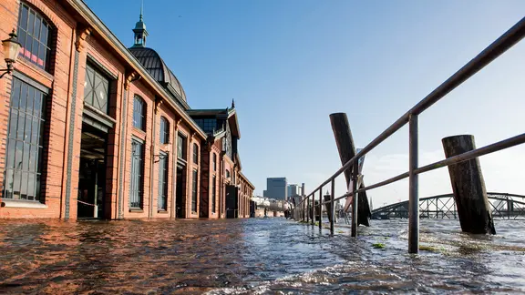 Der Fischmarkt in Hamburg mit der Fischauktionshalle ist während einer Sturmflut überschwemmt.