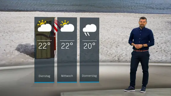 NDR Moderator Sebastian Wache steht im Studio mit der Wettervorhersage.