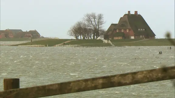 Hallig Hooge unter Wasser.