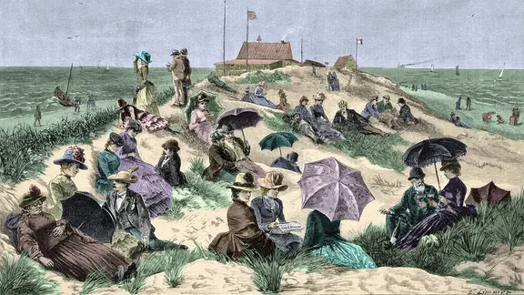 Seebad Helgoland, auf der Düne (13.08.1887) - Holzstich nach Zeichnung von Emil Limmer (1854-1931); digitale Kolorierung (Sammlung Archiv für Kunst und Geschichte)