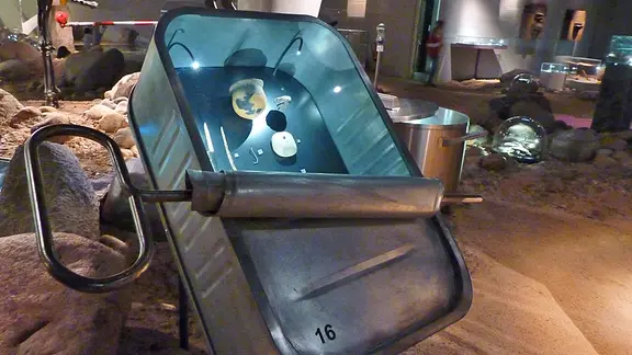 Eine Vitrine in Form einer Fischkonservenbüchse im Archäologischen Museum Harburg.