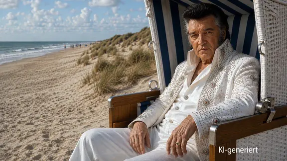 KI-generiertes Bild: Ein wie ein alter Elvis Presley aussehender Mann in einem Strandkorb am Meer