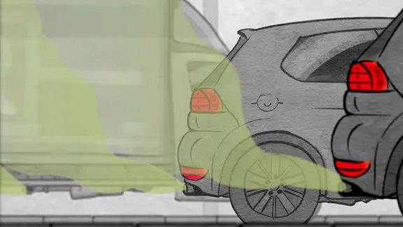 Animierte Zeichnung zeigt Autos und einen Lkw auf der Straße und die Abgase, die sie ausstoßen.