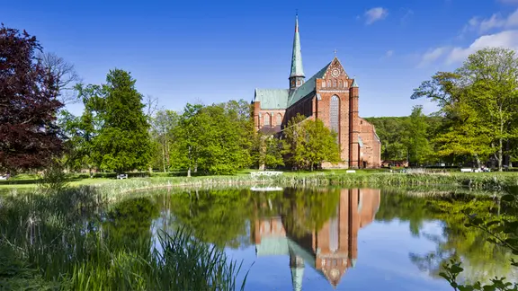 Das Münster in Bad Doberan, im Vordergrund ein See.