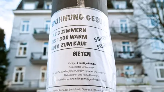 Zettel mit Wohnungsgesuch an einem Laternenmast