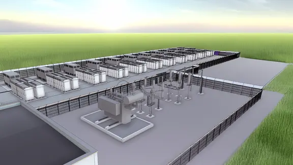 Animation der geplanten Anlage mit Batteriecontainern und Transformationen.