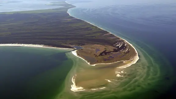 Blick aus der Luft auf den Darßer Ort, die Kernzone des Nationalparks Vorpommersche Boddenlandschaft, und die Ostsee.