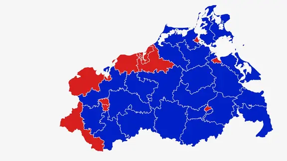Eine Karte zeigt die Ergebnisse bei den Direktmandaten in Meckleburg-Vorpommern bei der Landtasgwahl 2026