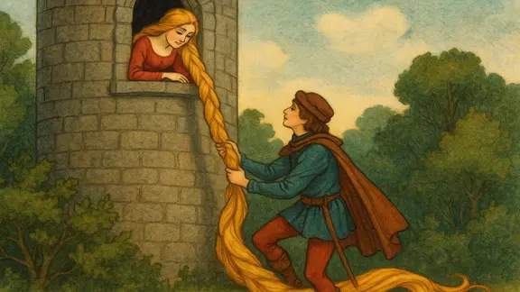 Ein Bild aus dem Märchen "Rapunzel". 