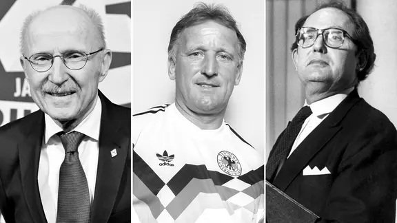 Verstorbene des Jahres 2024 (v.l.n.r.) : Ex-Werder-Bremen-Manager Willi Lemke, Fußball-Weltmeister von 1990, Andreas Brehme, und der ehemalige "Stern"-Reporter Gert Heidemann, der durch die gefälschten "Hitler-Tagebücher" bekannt wurde. (Fotomontage)